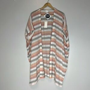 By Together Striped Kimono Wrap Peach Grey White Boho Open Front M/L NWT